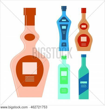 Set Bottles Of Liquor Vodka Cream Schnapps Balsam. Icon Bottle With Cap And Label. Graphic Design Fo
