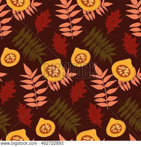 Fall Seamless Pattern With Pumpkins And Autumn Leaves On A Blue Background.
