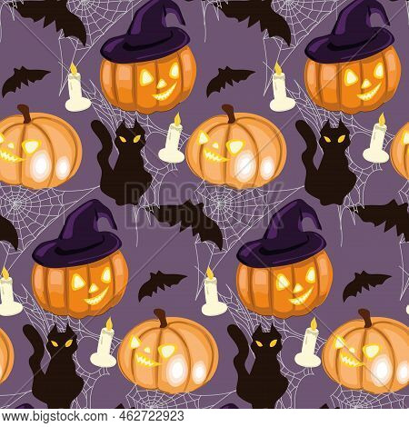 Seamless Pattern For Halloween. Black Cat, Pumpkin, Candles And Cobwebs.
