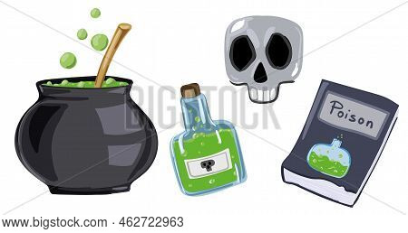 Halloween Set. Witch's Cauldron, Poison, Skull And Book. Isolated Objects On A White Background.
