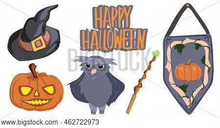 Owl, Wand, Witch Hat, Wizards Crest And Pumpkin On White Background.