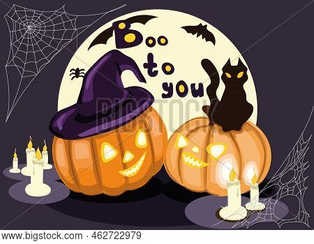 Halloween Party Invitations, Greeting Cards, Or Posters Set With Calligraphy, Cutest Pumpkins.