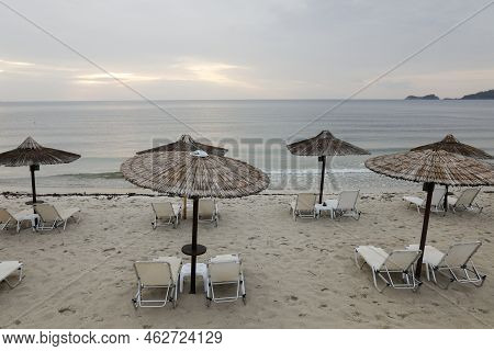 Golden Beach (skala Potamia) On The Greek Island Of Thassos During A Cloudy Summer Morning.