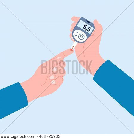 Glucose Blood Test Doing Hands With Glucometer. Check Sugar On Diabetes, Concept. Testing Insulin In