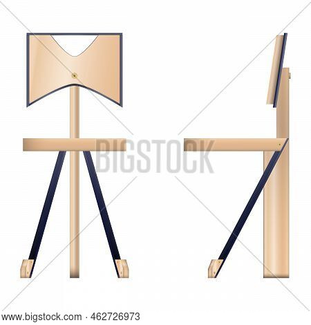 Wooden Chair With Three Legs. Front View, Side View. Vector Isolated On White Background.