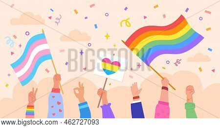 Hands Hold Lgbt Flags. Pride Month Or Gay Parade, Hand People Group Holding Rainbow Sign And Placard