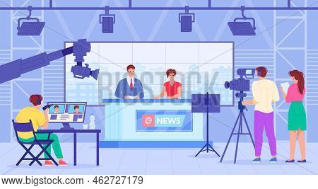 Broadcast Journalists Studio. Tv Newscaster Media Anchor Video Translation Breaking News Show Presen