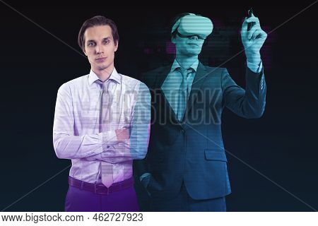 Abstract Dual Image Of Attractive Business Man With Vr Glasses Silhouette On Dark Background. Augmen