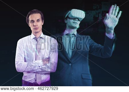 Abstract Dual Image Of Attractive Man With Vr Glasses Silhouette On Dark Background. Augmented Reali