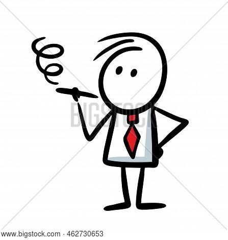 Doodle Funny Stickman In Red Tie Smokes Illustration,