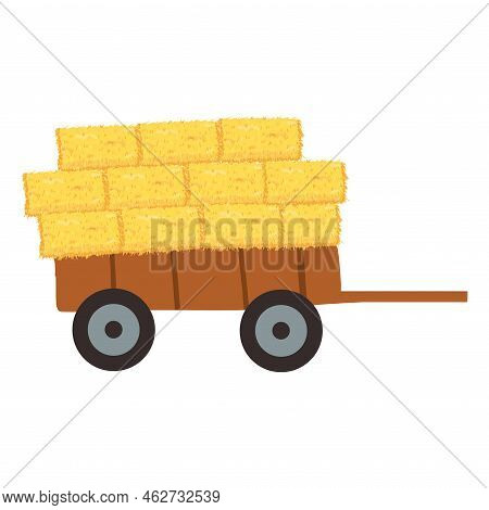 Agricultural Haycock In The Trailer In Cartoon Flat Style, Rural Hay Rolled Stack, Dried Farm Haysta