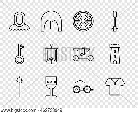 Set Line Medieval Chained Mace Ball, Body Armor, Old Wooden Wheel, Goblet, Hood, Flag, Wooden Four-w