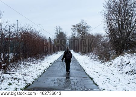 Thirty Year Old Woman Walking At The Ravel Around Jodoigne In The Snow, Jodoigne, Belgium