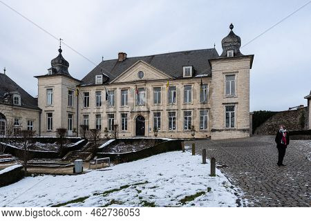Jodoigne, Wallonia - Belgium - 01 23  2021- Classical Town Hall And Park In The Snow