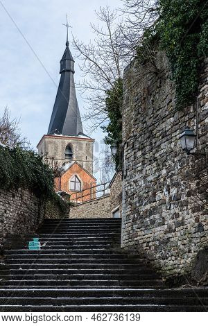 Jodoigne, Wallonia - Belgium - 01 23  2021- View Over Stairs Of The Church In Old Town