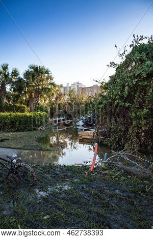 Naples, Florida, Usa - September 28, 2022: News - Submerged In Floodwaters And Mud From Hurricane Ia