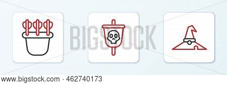 Set Line Witch Hat, Quiver With Arrows And Pirate Flag Icon. Vector