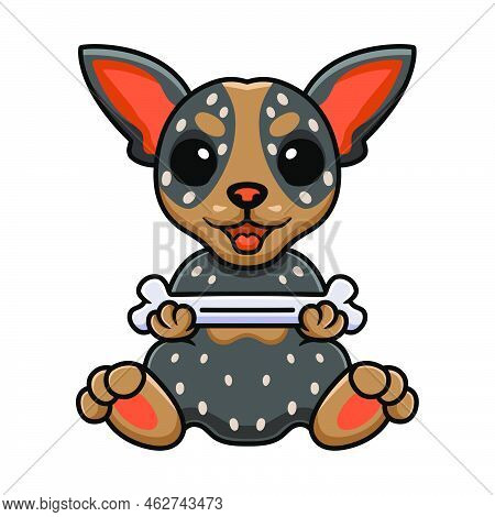 Vector Illustration Of Cute Australian Cattle Dog Cartoon Holding A Bone