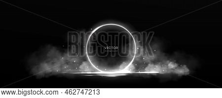 Circle Frame With Smoke And Flying Particles On Water Surface. Round White Glowing Border Among Soft