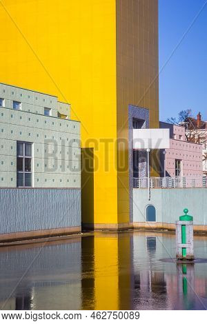 Groningen, Netherlands - February 13, 2021: Bright Colors Of The Modern Museum Reflected In The Ice 