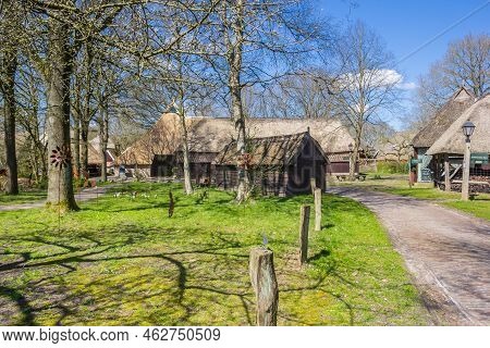 Orvelte, Netherlands - April 16, 2021: Historic Agricultural Buildings In The Center Of Orvelte, Net