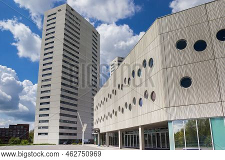 Groningen, Netherlands - May 20, 2021: Modern High Apartment Buildingat The Euroborg Stadium In Gron