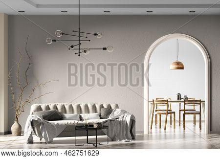 Modern Interior Design Of Apartment, Living Room With Beige Sofa, Gray Plaster Stucco Wall With Arch