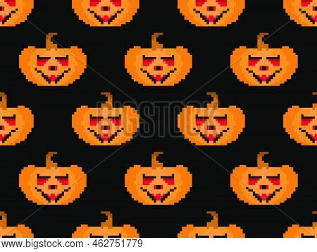 Pixelated Pumpkins With Carved Faces For Halloween Seamless Pattern. 8 Bit Halloween Pumpkins In Pix