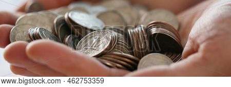 Close-up Of Pile Of Coins In Businessman Hands, Earned Money, Work Hard. Future Needs, Loan, Credit 