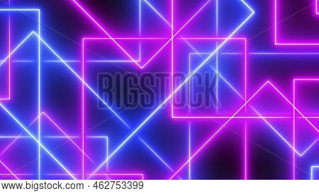 Neon Abstract Background. 3d Colored Neon Glow Laser Lines Illumination On Black Backdrop. Retro Syn