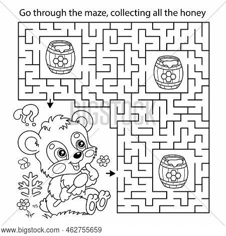 Maze Or Labyrinth Game. Puzzle. Coloring Page Outline Of Cartoon Little Bear Cub With Barrel Of Hone
