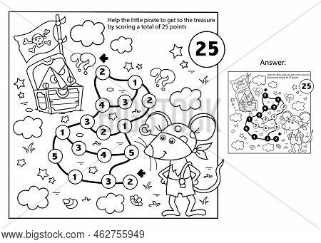 Math Addition Game. Puzzle For Kids. Maze. Coloring Page Outline Of Cartoon Little Pirate Mouse With