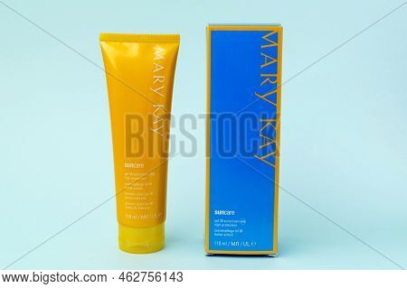 Tyumen, Russia-july 19, 2022: Skin Care Products From The Company Mary Kay. Suncare Cream. Blue Back