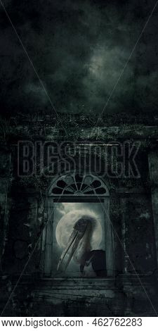 Lesser Adjutant Stork Bird Standing In Ancient Castle Window Over Full Moon With Spooky Cloudy Sky, 