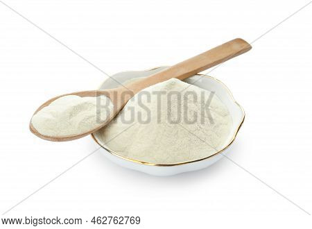 Bowl And Spoon Of Agar-agar Powder Isolated On White