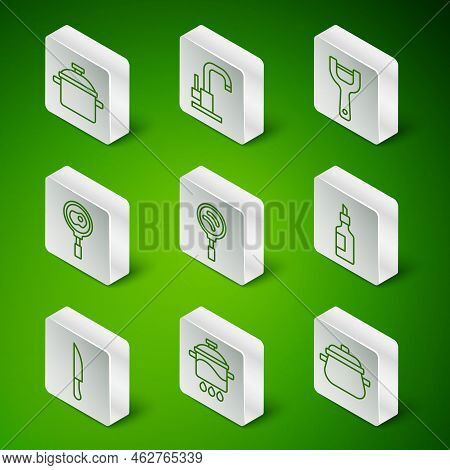 Set Line Cooking Pot, Frying Pan, Fried Eggs On Frying, Water Tap, Knife And Bottle Of Olive Oil Ico