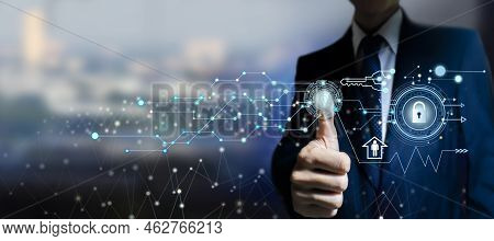 Business Big Data Touching Access Information With Electronic Fingerprint Touch. Technology Complex 