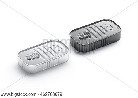 Blank White And Black Aluminum Sardine Conserve Can Mockup, Isolated, 3d Rendering. Empty Steel Pres