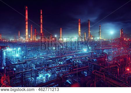 Floodlit Industrial Oil Refinery Factory In The Night With Glowing Lights Of Blue And Red. Chemicals