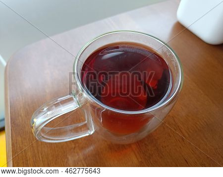 Top View Of Hot Tea Served In A Glass Cup At A Cafe During Lunch