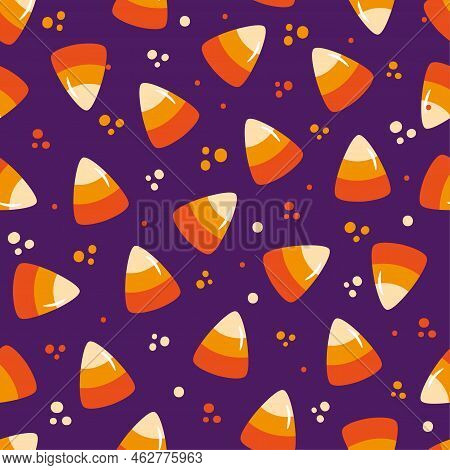 Candy Corn Seamless Pattern Isolated On Purple Backgound. Good For Wrapping Paper, Textile Print, La