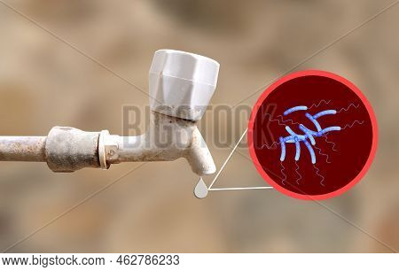 Cholera Becteria And Tap Showing Main Reason For Cholera Is Water Pollution.