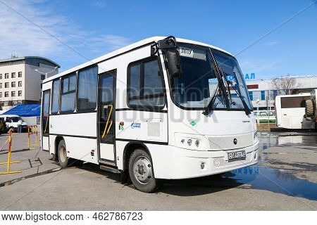 Novyy Urengoy, Russia - May 9, 2022: White Urban Minibus Paz 3203 Vector In A City Street.