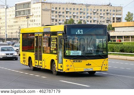 Saint Petersburg, Russia - August 15, 2020: Yellow Urban Bus Maz-206 In A City Street.