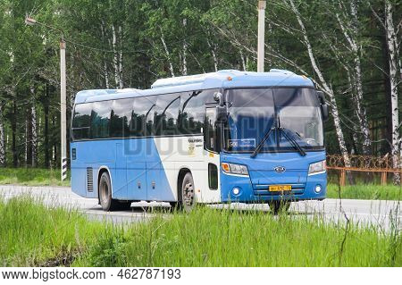 Chelyabinsk Region, Russia - June 12, 2022: Blue Intercity Coach Bus Kia Granbird At An Interurban R