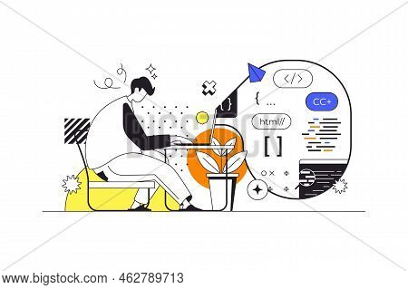 Devops Web Concept In Flat Outline Design With Characters. Man Is Programming And Coding Application