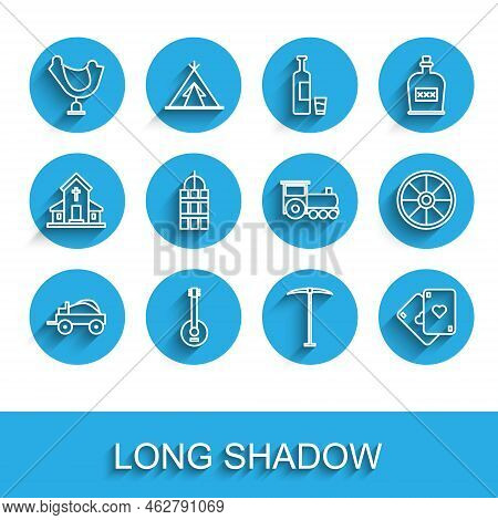 Set Line Wild West Covered Wagon, Banjo, Saddle, Pickaxe, Playing Cards, Detonate Dynamite Bomb Stic