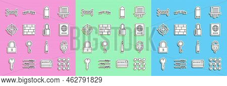 Set Line Graphic Password Protection, Lock And Key, Passport, Bullet, Bricks, Target, Barbed Wire An