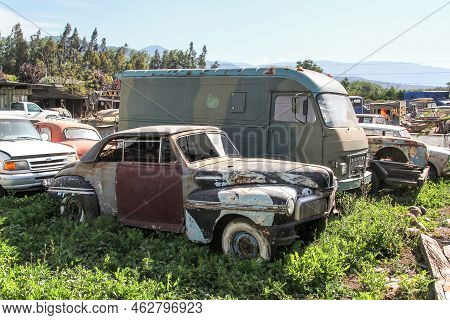 Santiago, Chile - November 19, 2015: Classic American Car Ford Super Deluxe At A Junk Yard.