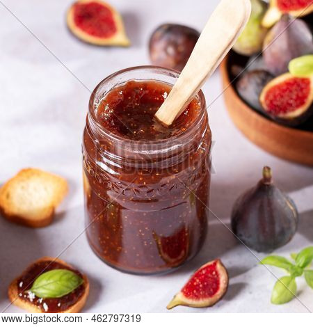 Autumn Preserves From Local Produce, Fig Jam Or Fig Marmalade On Light Grey Table With Fresh, Ripe F